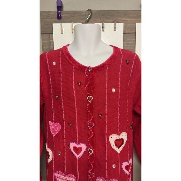 The Quacker Factory Valentine Cardigan Sweater Beaded Hearts Red/Pink Medium - Picture 4 of 16